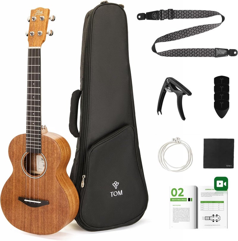 TOM 26" Solid Top Mahogany Tenor Ukulele – Beginner Kit Includes Quick Locking Strap for Kid & Adult, Professional Ukelele with Deep Tone & D’Addario Strings (AM3-T) - Image 1